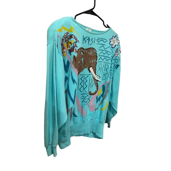 Vintage 80s Elephant Painted Embellished Animal Artsy Long Sleeve Top - Picture 3 of 10